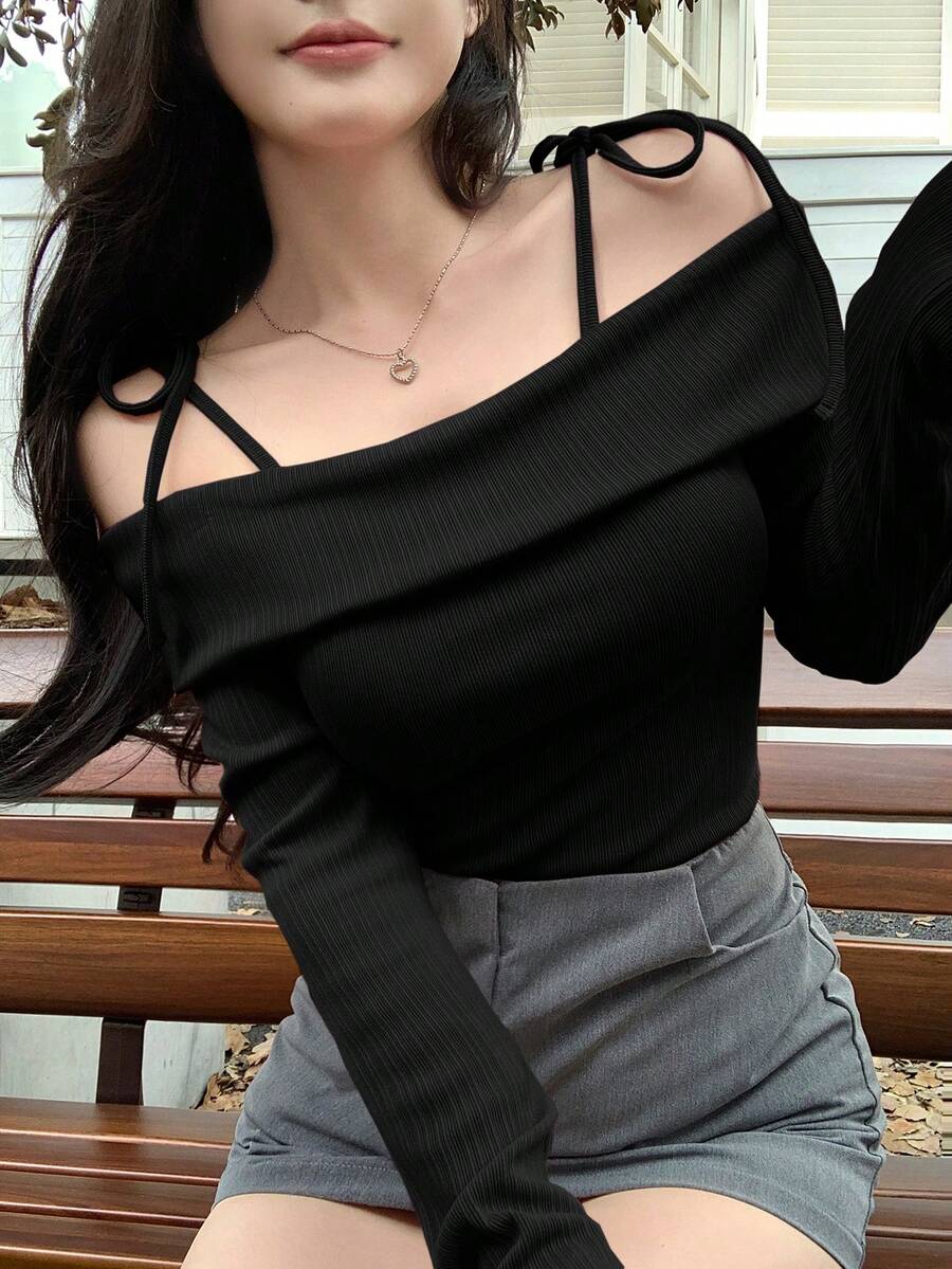 DAZY Women's Off Shoulder Tie Front T-Shirt, Black, Spring/Summer,Fall Clothes Long Sleeve Going Out Tops - Black - View 1
