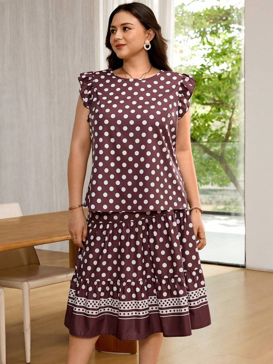 2pcs/Set Plus Size Women's Summer Casual Vacation  Brown Polka Dot Print  Shirt And Skirt Two Pieces Set,Ruffle Skirt Set,Going Out Outfits, Beach