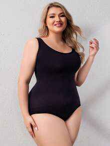 SHAPORA Plus Size Women Solid Color Simple Tank Body Shaper Bodysuit - Black - View 8