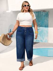 Vivid Eden Plus Size Women's Button Front Casual Loose Fit Denim Jeans - Dark Wash - View 5