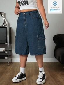 SHEIN ICON Pantalon cargo en jean bleu délavé à jambe droite ample avec grandes poches - Jean brut - Voir 7