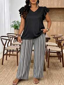SHEIN Frenchy 2pcs/Set Plus Size Women's Black Solid Top And Black & White Striped Pants Set, Fashionable New Style, Suitable For Spring/Summer Outdoor Wear - Black - View 4