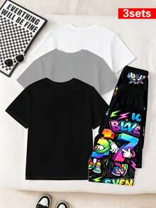 3 Sets Boys' Summer New Digital 67 Cartoon Print Short Sleeve 2-Piece Set, Black/Grey/White Colors Available, Casual Comfortable Cool Street Style, Suitable For Street Dance, Campus, Daily Outings, Versatile For Multiple Occasions, Photogenic, Summer Wardrobe Essential Boys' Set - Multicolor - View 6