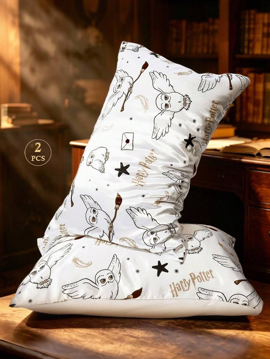 HARRY POTTER X SHEIN 2pc Cartoon Satin Pillowcase, Made Of Soft Satin Material, Gentle On Hair, Breathable And Cool, Available In Multiple Sizes, Machine Washable - White - View 1