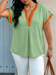 Weeklong Plus Size Women's Notch V-Neck Contrast Color Casual Versatile Daily Outing Shirt - Multicolor - View 3