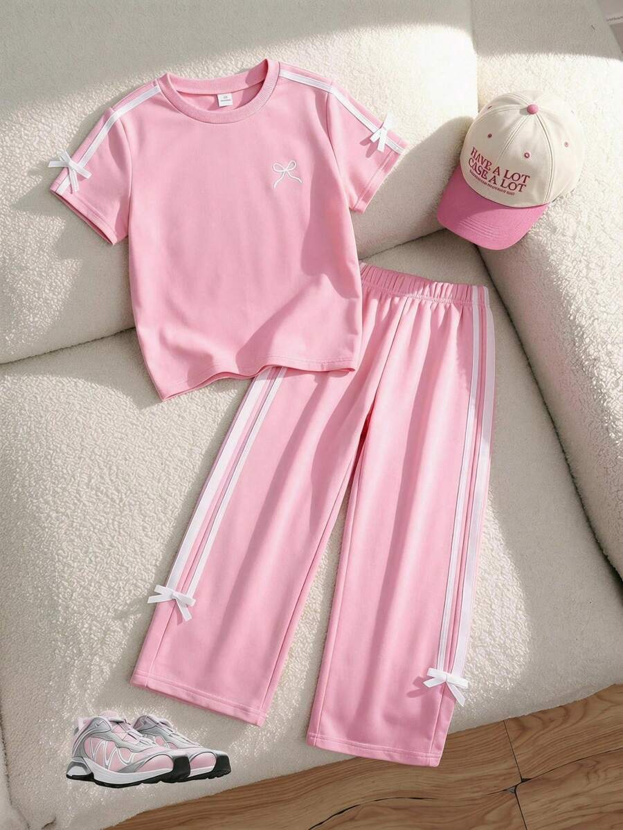 Girls 2pcs Set Solid Color Knit Round Neck T-Shirt + Wide Leg Long Pants Set, 3D Bow Decoration, Side Seam Color Block Stripe Decoration, American Minimalist Casual, Sports Style, Suitable For Daily Casual, Sports Wear In Spring And Summer - Pink - View 1