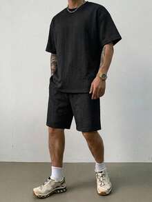 DAZY Summer Solid Black Regular Fit Men's T-Shirt Set - Black - View 4