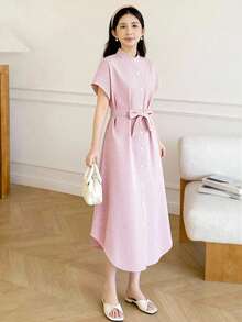 SHEIN 1 pieza Vestido corto de manga corta de moda casual de verano para adolescentes, de cuello alto, a rayas rosa, de corte holgado, con abertura en el bajo y cinturón, adecuado para uso diario, compras, vacaciones y talla grande - Rosa - Ver 6