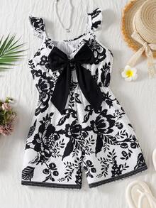 SHEIN Girls' Black Floral Spaghetti Strap Romper, Back Big Bow Vacation Jumpsuit - Black and White - View 2