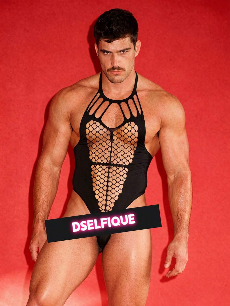 DSELFIQUE 男士素色鏤空掛脖性感休閒連身褲 - 黑色 - 查看 1