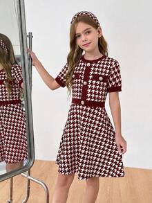 Firerie Kids Firerie Kids Tween 女童千鸟格纽扣装饰圆领修身优雅中长连衣裙 - 酒紅色 - 查看 3