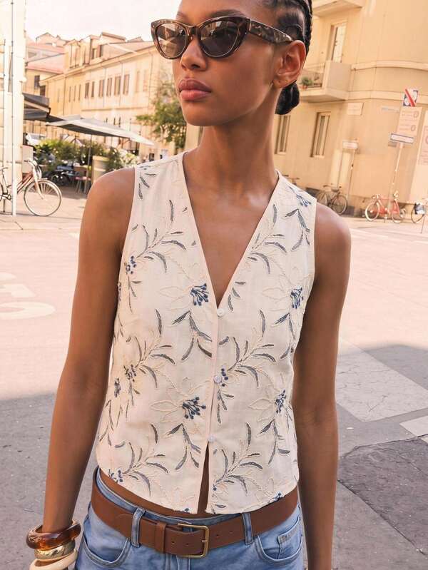 Maija Summer Women's V-Neck Sleeveless Open Front Embroidered Fabric Apricot Vacation Casual Comfortable Top