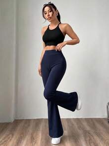 SHEIN EZwear 女款素色高腰修身喇叭針織運動風長褲 - 藏蓝色 - 查看 5