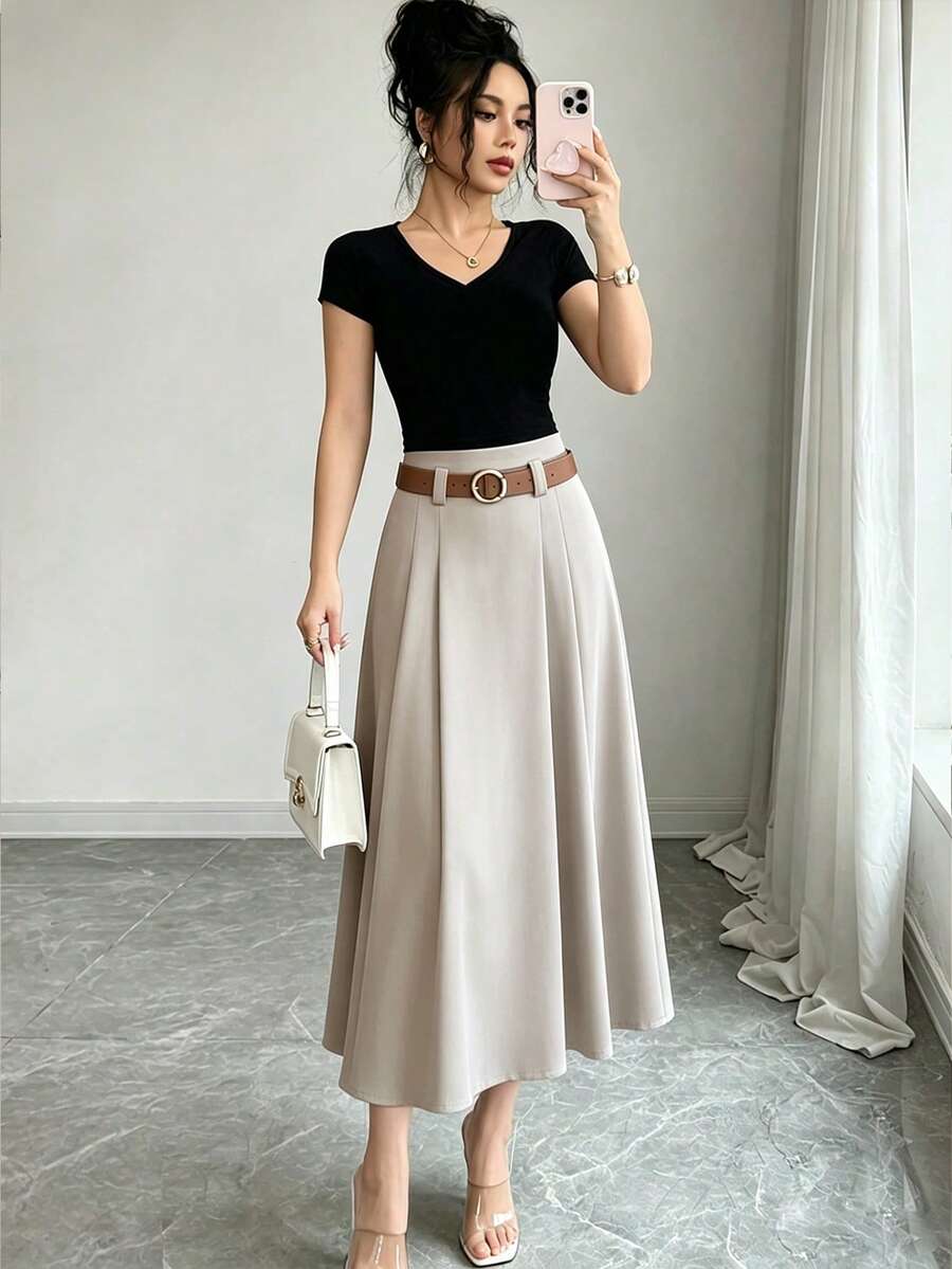 SHEIN Raffinéa 春夏常规女式褶皱拼接卡其色中长裙,优雅休闲外出通勤度假学校家庭时尚百搭 - 杏色 - 查看 1