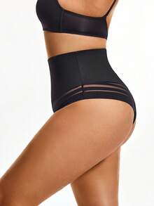 SHAPORA Plus Size Solid Color High Waist Net Mesh Patchwork Shaping Underpants - Black - View 5