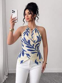GlowEve CURVE Fashion Casual Elegant Botanical Print Plus Size Women's Halter Neck Tank Top - Blue - View 3