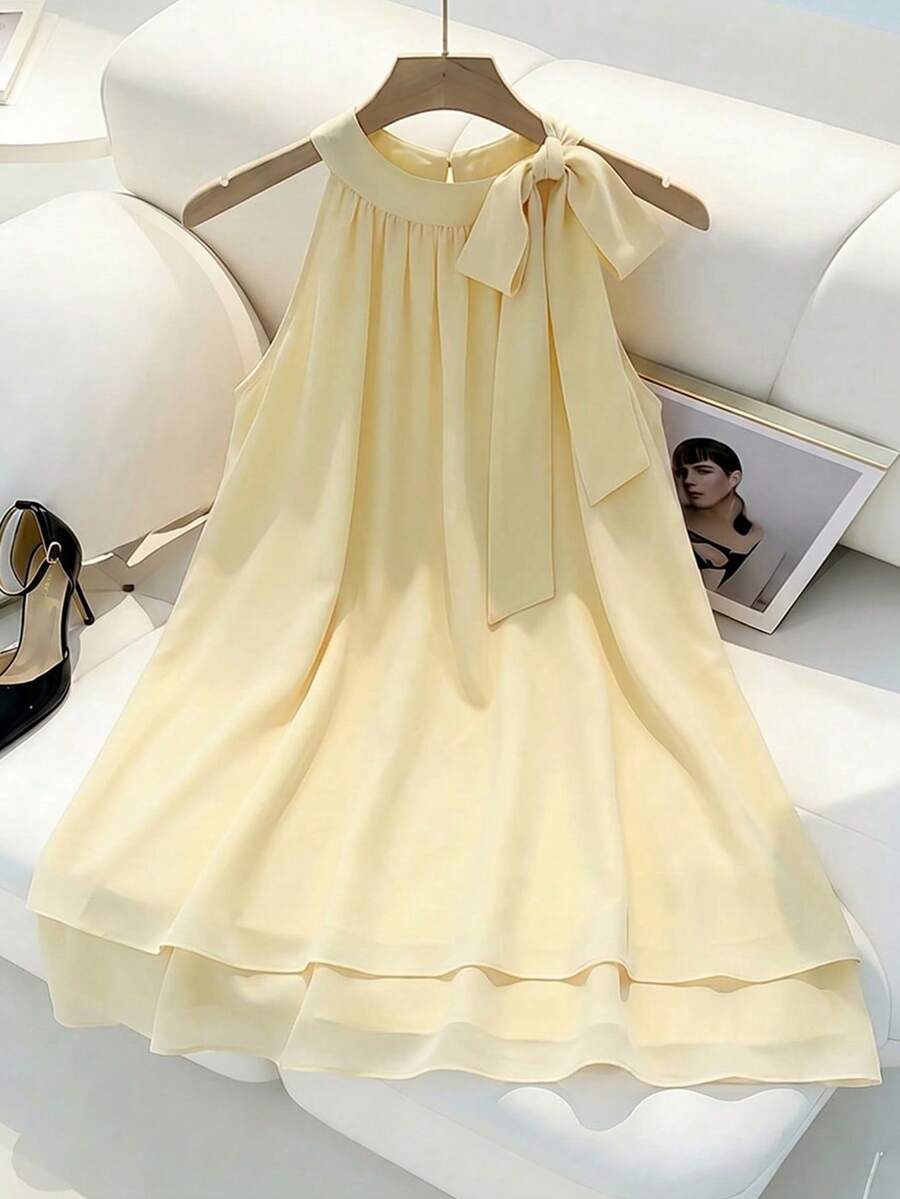 SHEIN Franclia 女款時尚優雅休閒日常無袖掛脖綁繩蝴蝶結雪紡短洋裝 - 淡黃色 - 查看 1