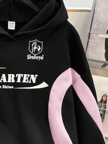 SHEIN Teen Girl Knit Colorblock Letter Print Pattern Loose Casual Sweatshirt - Multicolor - View 4