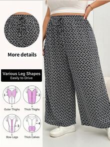 SHEIN CURVE+ 大尺碼休閒全身印花寬腿長褲 - 黑色 - 查看 7