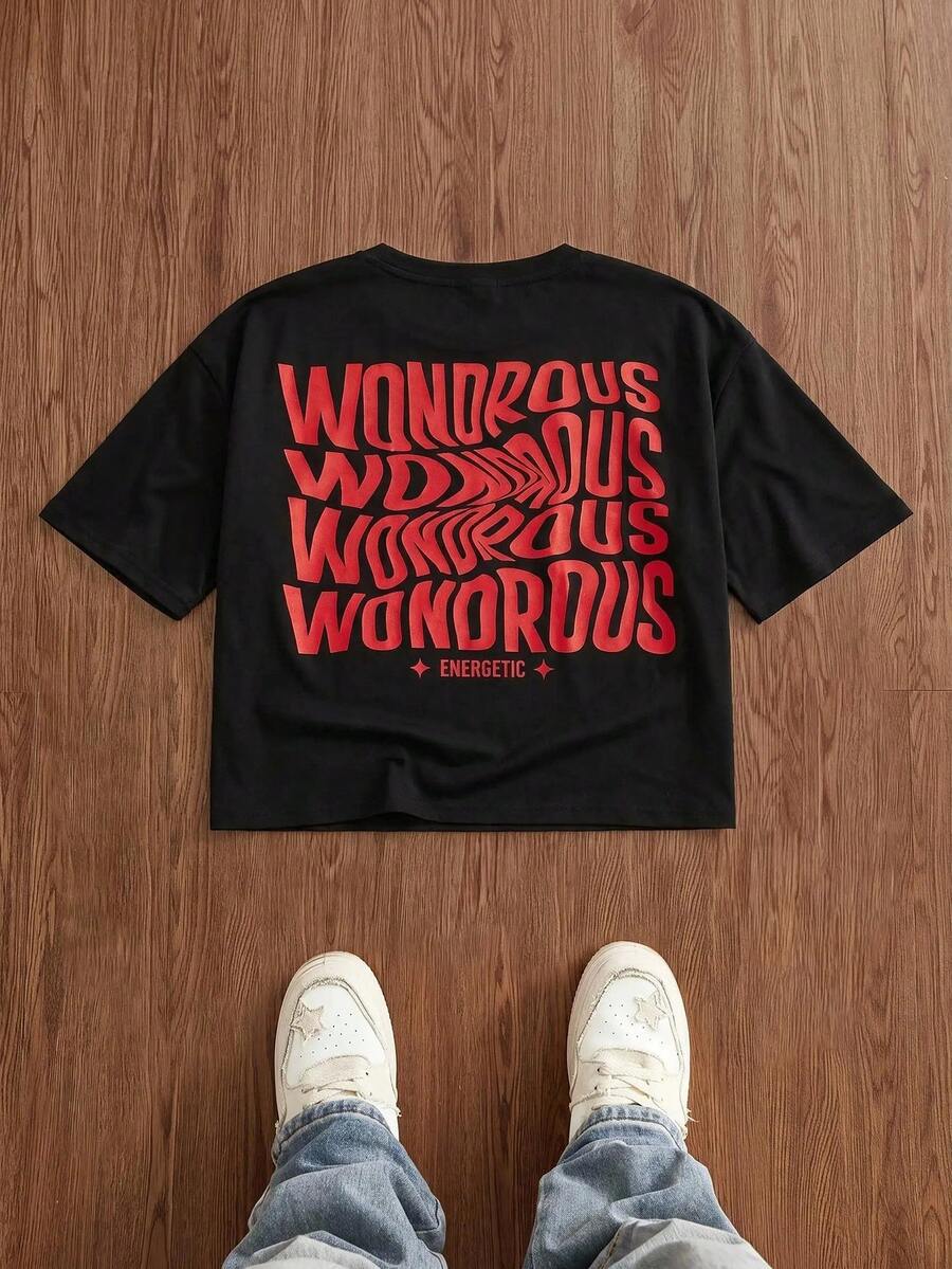 SWAVVY Loose Men's Elastic Knit T-Shirt With Slogan Print - Black - View 1