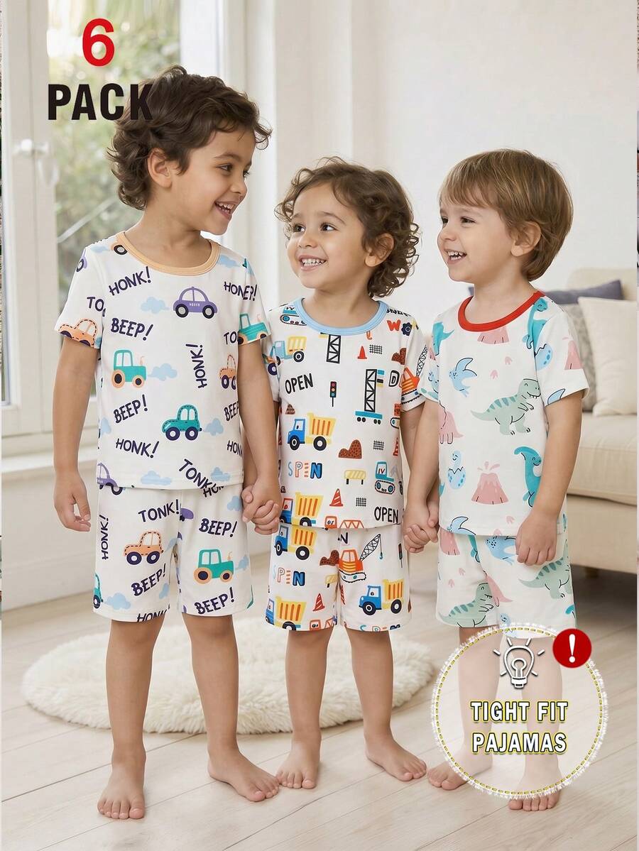 SHEIN GraphicGems 6pcs/Set Boy's And Young BoyCute Cool Dinosaur Car & Construction Vehicle Print Short Sleeve Shorts Knit Comfortable Soft Snug Fit Pajamas Loungewear Set - Multicolor - View 1