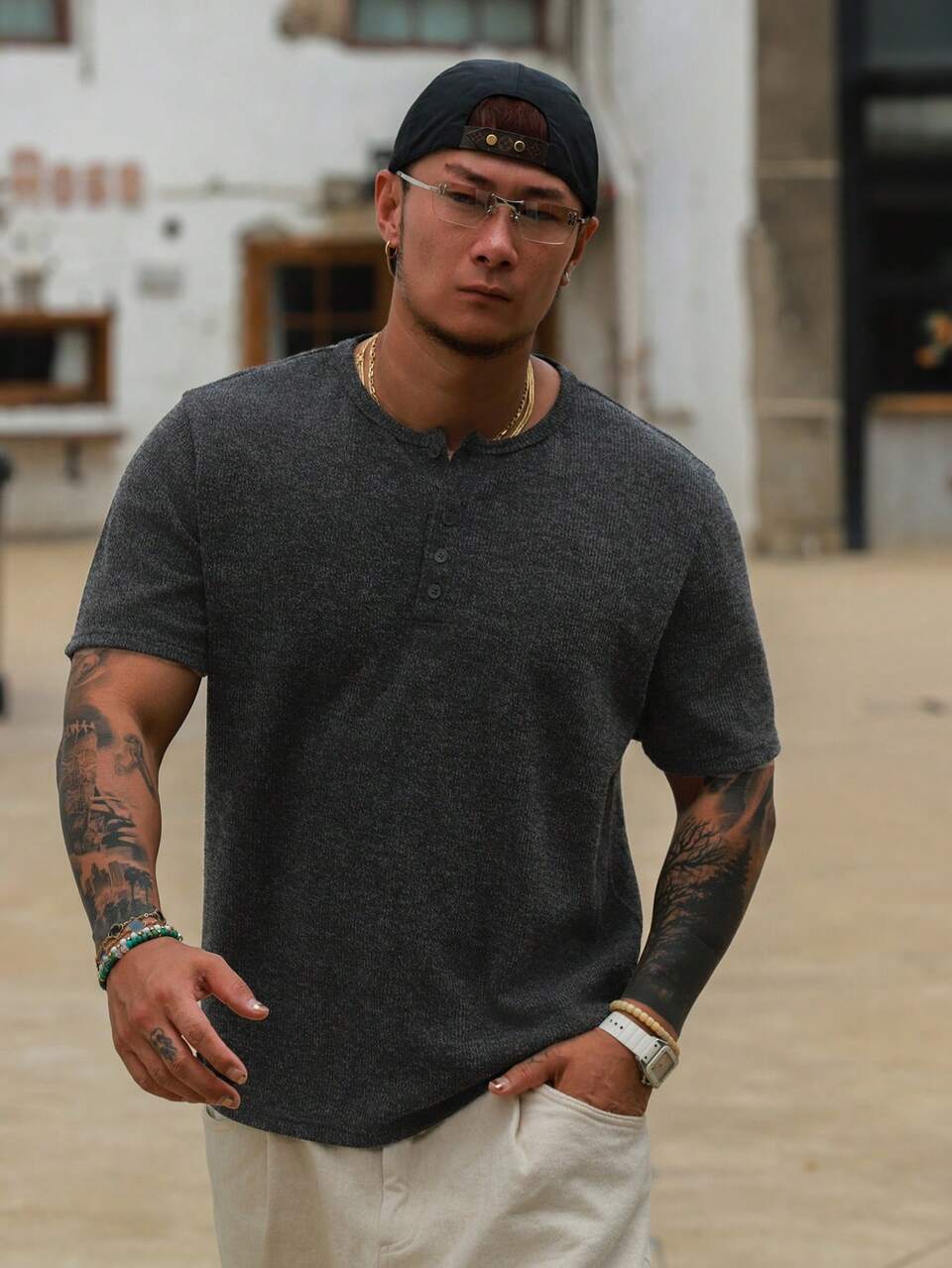 Short Sleeve Men's Textured Fabric Solid Color Basic Half-Button T-Shirt Summer
