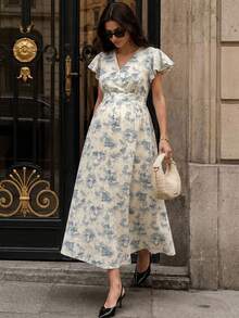 SHEIN Maternity Overlap V-Neck Ruffle Sleeve Floral Print Fashion Dress - Blue and White - View 5