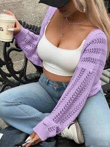 INAWLY Plus Size Women's Solid Color Casual Versatile Daily Wear Cardigan Fall - Purple - View 5