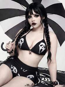 ROMWE Goth 大尺碼女款海灘度假幽靈臉印花側綁帶泳褲短褲 - 黑與白 - 查看 1