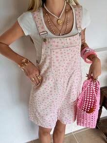 DAZY Women's Romantic Floral Casual Pocket Denim Overalls, Pink, Suitable For Spring And Summer Beach/Vacation - Pink - View 2