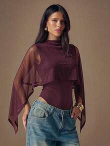 SHEIN BAE Spring Summer Burgundy Mesh Bodysuit High Neck Sheer Shrug Cover-Up Slim Fit Sexy Hot Girl Set Night Out Going Out - Purple - View 4