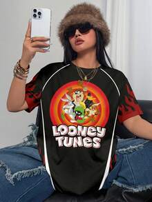 LOONEY TUNES X SHEIN 大码女式卡通印花圆领短袖T恤 - 白色 - 查看 3