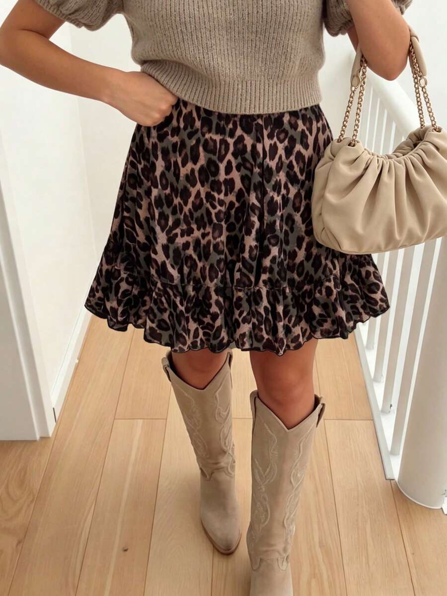 Plus Size Women's Fashionable Leopard Print Ruffled Hem Skirt, Summer - Multicolor - View 1