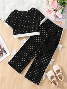 SHEIN 女童針織拼色圓領休閒T恤與長褲2件組 - 黑與白 - 查看 2