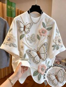 Franclia Plus Size Women Versatile Butterfly & Flower Graphic Round Neck Short Sleeve T-Shirt - White - View 1