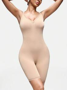 SHAPORA Women's Solid Color V-Neck Long Sleeve Slim Fit Casual Jumpsuit Shapewear Bodysuit - Khaki - View 4