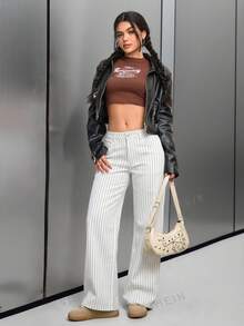 SHEIN ICON 女款條紋時尚口袋鈕扣寬鬆休閒牛仔褲 - 白色 - 查看 5