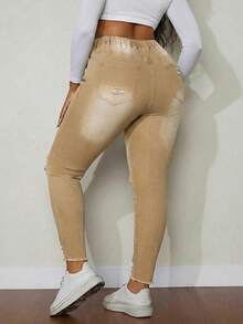 SHEIN SXY 大尺碼彈性腰圍破洞修身牛仔褲 - 卡其色 - 查看 2