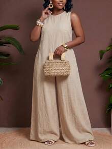 Veslaya Plus Size Women's Solid Color Round Neck Casual Daily Wear Jumpsuit Wide Leg Pants - Khaki - View 7