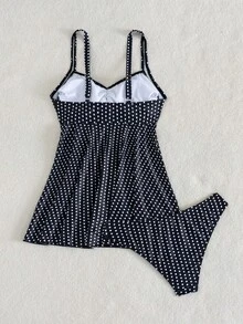 Swim Lushoire 女款波點兩件式坦克尼泳衣套裝，復古優雅可愛黑白波點細肩帶前綴蝴蝶結飄逸裙擺，海灘夏季款 - 黑與白 - 查看 2