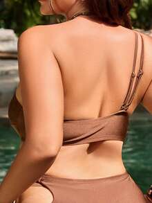 Swim Vcay 大尺碼女款 1 件裝度假海灘休閒掛脖比基尼上衣 - 棕色 - 查看 2