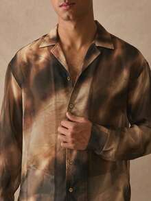Musero Oversized Long Sleeve Drop Shoulder Revere Collar Button Through Sheer Shirt Top Spring Summer Essentials - Brown - View 3