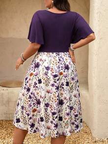 Breezaya Plus Size Women's Spring/Summer Knit Romantic Floral Print Chain Patchwork Ruffle Twist Waist Elegant Modest A-Line V-Neck Midi Dress - Purple - View 2