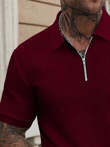 Manfinity Homme Men's Solid Color Knitted Textured Zipper Collar Polo Shirt And Drawstring Waist Shorts Set - Burgundy - View 7