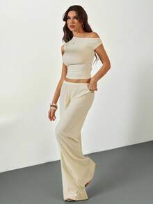 SHEIN Tall Apricot Knit Oblique Shoulder Fitted Casual Loungewear Set, Summer - Apricot - View 3