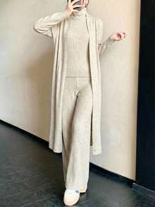 Knit Top Pant Cardigan 3 Pcs Set Knit Set - بيج - مشاهدة 5