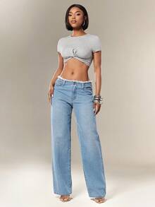 Denimoi Celana Jeans Denim Low Rise Raw Edge Straight Leg, Jeans Low Rise, Jeans Denim Low Rise, Busana Modis Y2K, Jeans Seksi, Bawahan Seksi, Gaya Musim Panas, Busana Musim Panas untuk Wanita, Busana Konser - Medium Wash - View 5