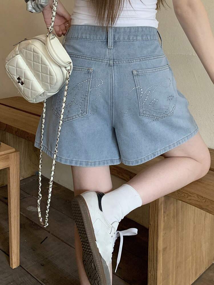 Women's Rhinestone Embellished Pocketed Loose Casual Denim Shorts, Suitable For Spring & Summer