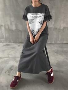 FRIFUL 女款字母印花拼色蕾絲拼接圓領洋裝 夏季日常外出灰色圖案休閒連身裙 - 灰色 - 查看 1