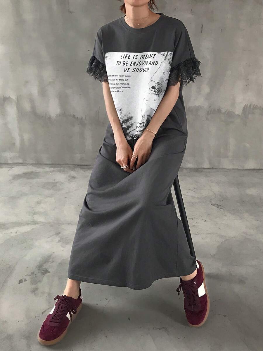 FRIFUL 女款字母印花拼色蕾絲拼接圓領洋裝 夏季日常外出灰色圖案休閒連身裙 - 灰色 - 查看 1